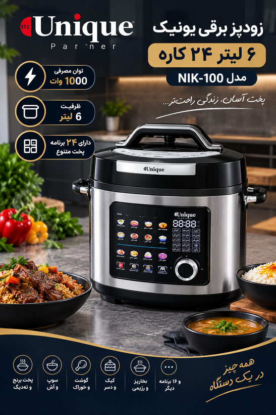 زودپز برقی یونیک ۶ لیتر ۲۴ کاره مدل NIK-100